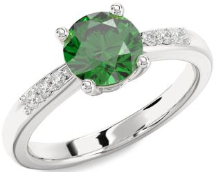 Diamond Emerald Silver Round Solitaire Engagement Ring