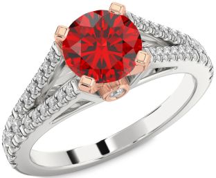 Diamond Ruby White Rose Gold Round Solitaire Pave Engagement Ring
