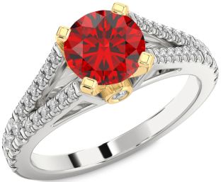 Diamond Ruby Silver & 10K gold Round Solitaire Pave Engagement Ring