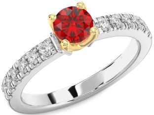 Diamond Ruby Silver & 10K gold Round Solitaire Engagement Ring