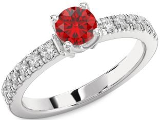 Diamond Ruby Silver Round Solitaire Engagement Ring