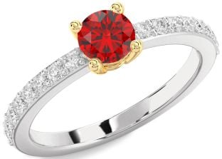 Diamond Ruby Silver & 10K gold Round Solitaire Pave Engagement Ring