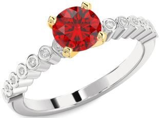 Diamond Ruby Silver & 10K gold Round Solitaire Engagement Ring