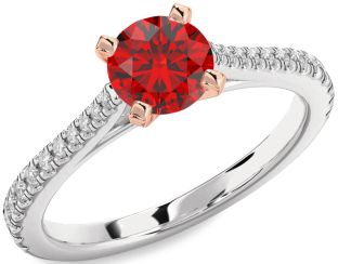 Diamond Ruby White Rose Gold Round Solitaire Pave Engagement Ring