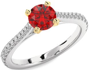 Diamond Ruby Silver & 10K gold Round Solitaire Pave Engagement Ring