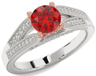 Diamond Ruby White Rose Gold Round Vintage Engagement Ring