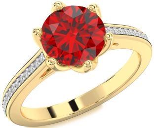 Diamond Ruby Gold Round Solitaire Pave Engagement Ring