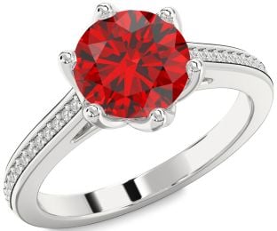 Diamond Ruby Platinum Round Solitaire Pave Engagement Ring