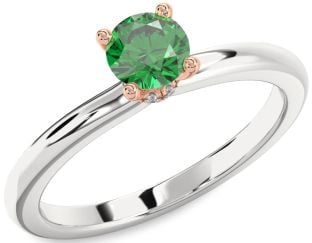 Diamond Emerald Platinum & Rose Gold Halo Round Solitaire Engagement Ring