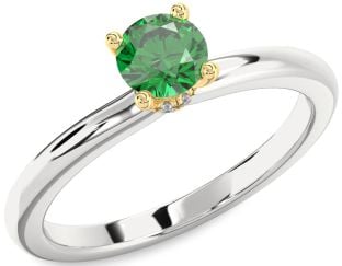 Diamond Emerald Platinum & Yellow Gold Halo Round Solitaire Engagement Ring