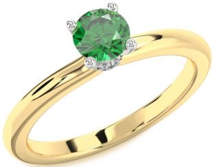 Diamond Emerald Platinum & Yellow Gold Halo Round Solitaire Engagement Ring