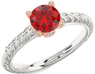 Diamond Ruby Platinum & Rose Gold Knot Round Solitaire Engagement Ring