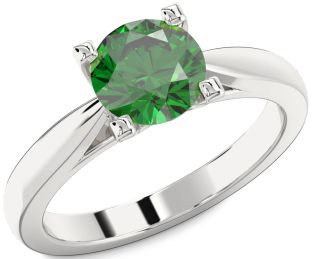 Emerald Silver Round Solitaire Engagement Ring