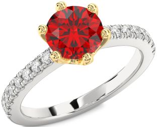 Diamond Ruby Platinum & Yellow Gold Round Solitaire Pave Engagement Ring