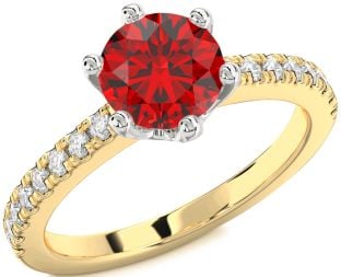 Diamond Ruby Platinum & Yellow Gold Round Solitaire Pave Engagement Ring