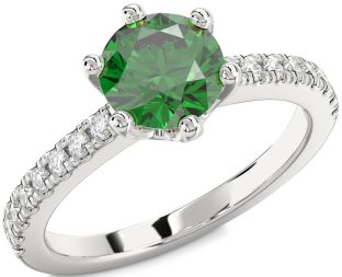 Diamond Emerald Silver Round Solitaire Pave Engagement Ring
