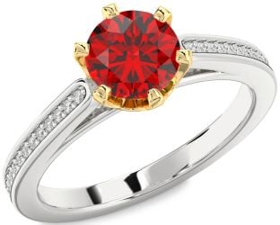 Diamond Ruby Platinum & Yellow Gold Round Solitaire Pave Engagement Ring