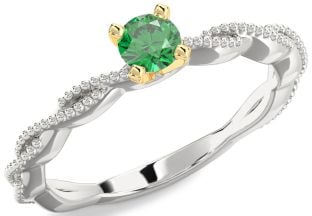 Emerald Platinum & Yellow Gold Knot Round Promise Ring