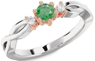 Diamond Emerald Platinum & Rose Gold Knot Round Three Stone Engagement Ring