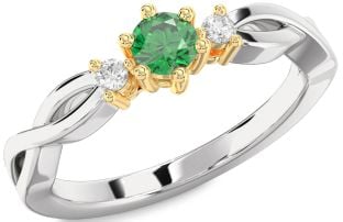 Diamond Emerald Platinum & Yellow Gold Knot Round Three Stone Engagement Ring