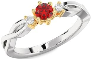 Diamond Ruby Platinum & Yellow Gold Knot Round Three Stone Engagement Ring
