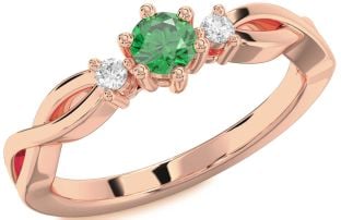 Diamond Emerald Rose Gold Knot Round Three Stone Engagement Ring
