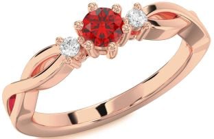 Diamond Ruby Rose Gold Knot Round Three Stone Engagement Ring
