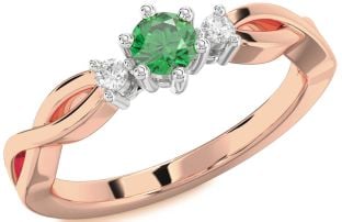 Diamond Emerald Platinum & Rose Gold Knot Round Three Stone Engagement Ring