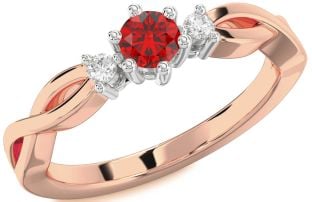 Diamond Ruby Platinum & Rose Gold Knot Round Three Stone Engagement Ring