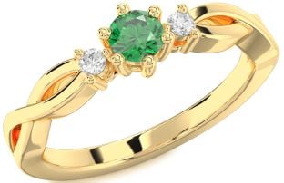 Diamond Emerald Gold Knot Round Three Stone Engagement Ring