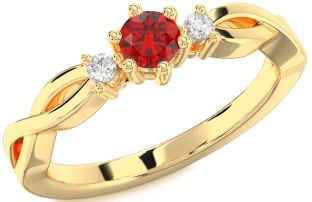 Diamond Ruby Gold Knot Round Three Stone Engagement Ring