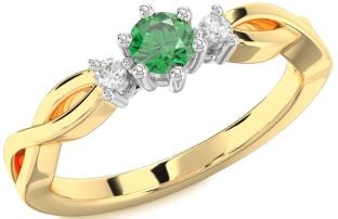 Diamond Emerald Platinum & Yellow Gold Knot Round Three Stone Engagement Ring