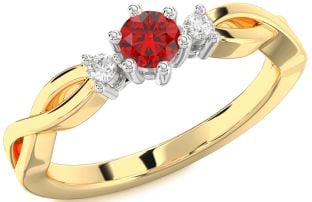 Diamond Ruby Platinum & Yellow Gold Knot Round Three Stone Engagement Ring
