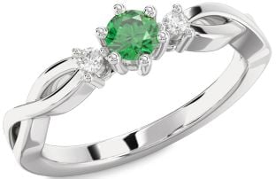 Diamond Emerald Platinum Knot Round Three Stone Engagement Ring