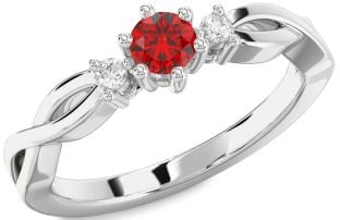 Diamond Ruby Platinum Knot Round Three Stone Engagement Ring