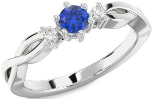 Diamond Blue Sapphire Silver Knot Round Three Stone Engagement Ring