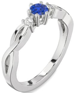 Diamond Blue Sapphire Silver Knot Round Three Stone Engagement Ring