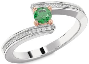 Diamond Emerald Platinum & Rose Gold Round Promise Ring