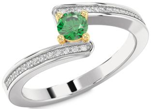 Diamond Emerald Platinum & Yellow Gold Round Promise Ring