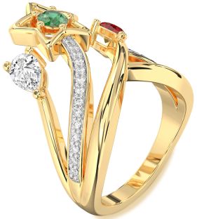 Diamond Gold Star Round Three Stone Mother's Ring