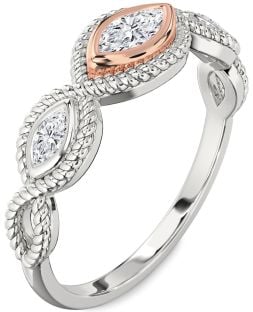 Diamond Platinum & Rose Gold Knot Marquise Three Stone Engagement Ring