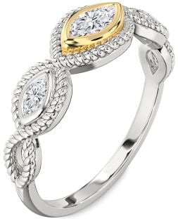 Diamond Platinum & Yellow Gold Knot Marquise Three Stone Engagement Ring