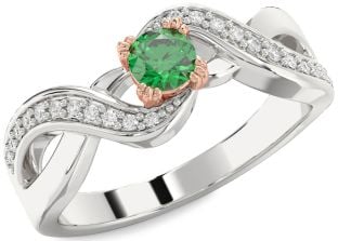 Diamond Emerald Platinum & Rose Gold Infinity Round Promise Ring