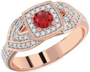 Diamond Ruby Rose Gold Halo Round Pave Promise Ring