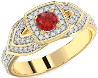 Diamond Ruby Gold Halo Round Pave Promise Ring