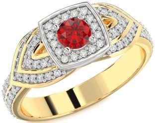 Diamond Ruby Platinum & Yellow Gold Halo Round Pave Promise Ring