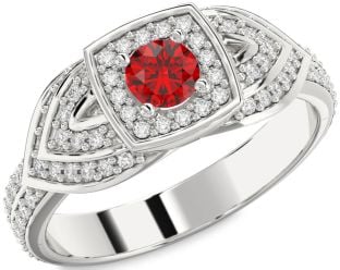 Diamond Ruby Platinum Halo Round Pave Promise Ring