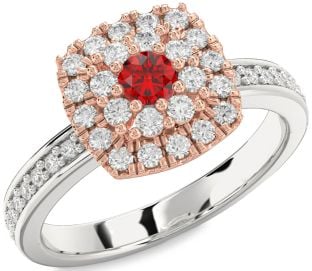 Diamond Ruby Platinum & Rose Gold Halo Round Pave Promise Ring