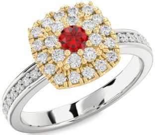 Diamond Ruby Platinum & Yellow Gold Halo Round Pave Promise Ring