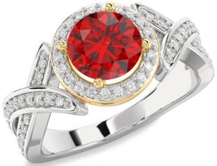 Diamond Ruby Platinum & Yellow Gold Halo Round Pave Engagement Ring
